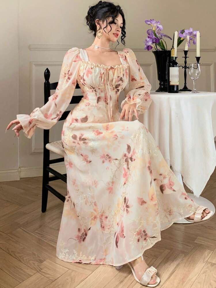 Spring & Summer Ditsy Floral Chiffon Dress, Elegant For Weddings, Parties, Formal Events, Vacation, Beach. Fitted Waist, Flared Sleeves, Tie-Up Design, Long Sleeve Sundress Boho