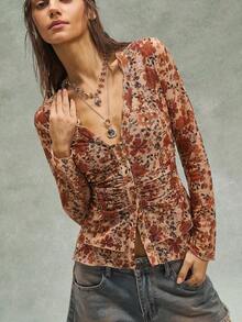 Bohemela 女士波西米亚复古印花透视网纱性感修身纽扣上衣，度假风，乡村风，夏季假期，2026年狂欢节女士造型，沙滩，外出上衣 - 摩卡棕 - 查看 4