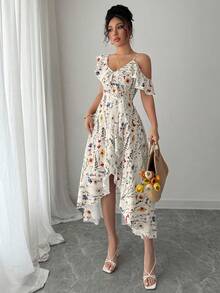 Elenzga Elegant Asymmetric Ruffle Floral Print Summer Dress - Apricot - View 5