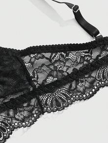 ROMWE Goth 加大码哥特式天鹅绒镂空蕾丝花卉钢圈文胸 - 黑色 - 查看 4