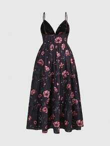 ROMWE Goth Đầm hai dây in hoa thanh lịch dành cho nữ cỡ lớn, thích hợp cho kỳ nghỉ. - màu đen - Xem 2