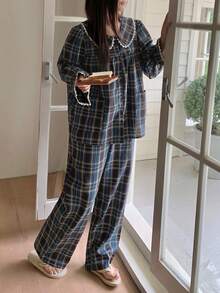 Dazy Plus 加大码女式格子彼得潘领喇叭袖上衣和裤子圣诞新年睡衣套装，红色，春秋季 - 藏蓝色 - 查看 7