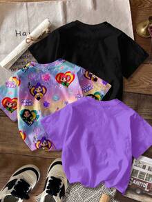 SHEIN Bộ 3 áo thun nữ phong cách thường ngày, họa tiết anime/K-Pop dễ thương, màu tím, nhuộm ombre, đen cá tính, cổ tròn, tay ngắn, thích hợp cho đi chơi, du lịch, xem hòa nhạc, mùa xuân/hè. - Nhiều màu - Xem 2