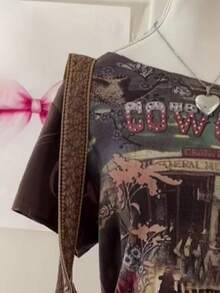 Glimmora 女士字母印花斜肩短袖宽松时尚T恤 - 彩色 - 查看 3