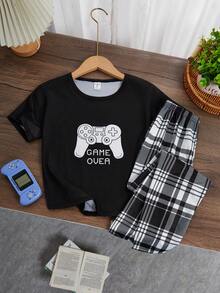 Boys Big Kids Loungewear Set - Four Season Black Short Sleeve Top Classic Gaming Console Placement Print And Black White Plaid All-Over Print Long Pants - Perfect Boys Home Pajama Set - Multicolor - View 3