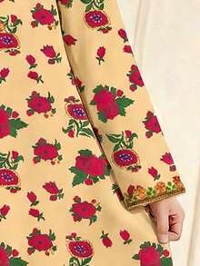 Girls Multicolor Fabric Long Sleeve V Neck Dress With Botanical Pattern - Multicolor - View 4
