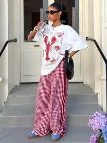 Muchica Women's Casual Lobster Print T-Shirt & Plaid Pants 2 Pieces Set, Summer - Red and White - View 6