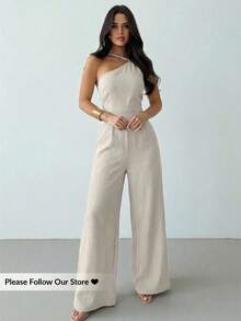 Firerie Elegant Linen Backless Ruched Waist Wide Leg Jumpsuit, Casual, Vacation, Commute, Summer - Khaki - View 1