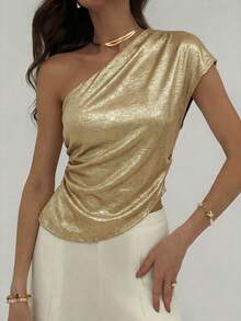 Aloruh Women's Fashionable Commuter Asymmetric Collar Metal Blouse, Summer - Gold - View 3