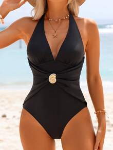 Écloséra 1件装女士纯色金属装饰度假休闲连体泳衣 - 黑色 - 查看 1