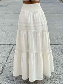 Cévolie 象牙色抽绳松紧腰褶裥喇叭裙 - 米色 - 查看 2