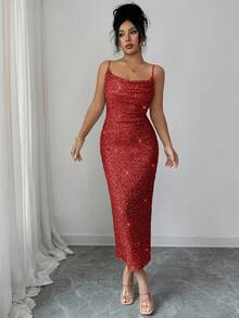 Elenzga 女士亮片细肩带可调节露背垂褶领口褶皱腰身中长连衣裙，优雅法式复古街头风简约时尚，适合冬季、万圣节、圣诞节、感恩节、下午茶派对、半正式场合、性感派对舞会、秋冬季穿着。 - 紅色 - 查看 3