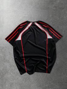 ROMWE MEN Street Life 男士休闲条纹字母印花短袖T恤，夏季 - 黑色 - 查看 2