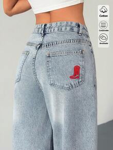 Women's Pocketed Embroidered Casual Loose Fit Flared Jeans - Light Wash - View 5