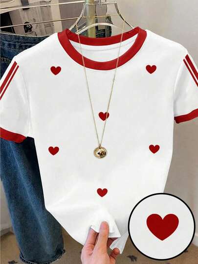 Camiseta con estampado de corazón y ribete de contraste para adolescentes