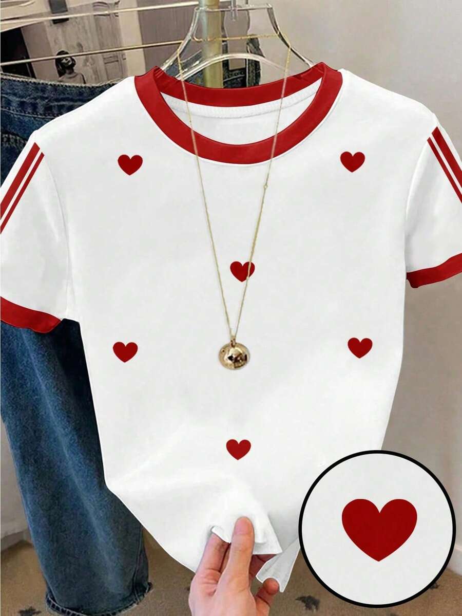 Áo thun nữ tuổi teen in hình trái tim, viền tương phản - Nhiều màu - Xem 1