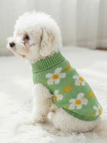 PETSIN 1pc White Small Flower Knitted Warm Pet Sweater With High Neck, Thick Warm Clothes For Pets In Spring, Autumn, And Winter - Multicolor - View 3