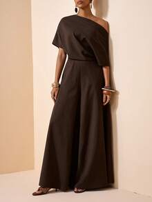 Zivah 女士纯色斜肩口袋时尚复古休闲连体裤阔腿裤 - 棕色 - 查看 9