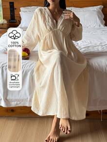 DAZY Romantic Lace Patchwork Textured Loose Lantern Sleeve Mid-Length Women Nightgown - Beige - View 3