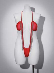 SHEIN Bộ jumpsuit hở lưng cỡ lớn với trang trí dây xích kim loại, đồ lót quyến rũ cho ngày Valentine, thích hợp cho tiệc tùng, câu lạc bộ, lễ hội âm nhạc, quán bar. - Đỏ - Xem 5