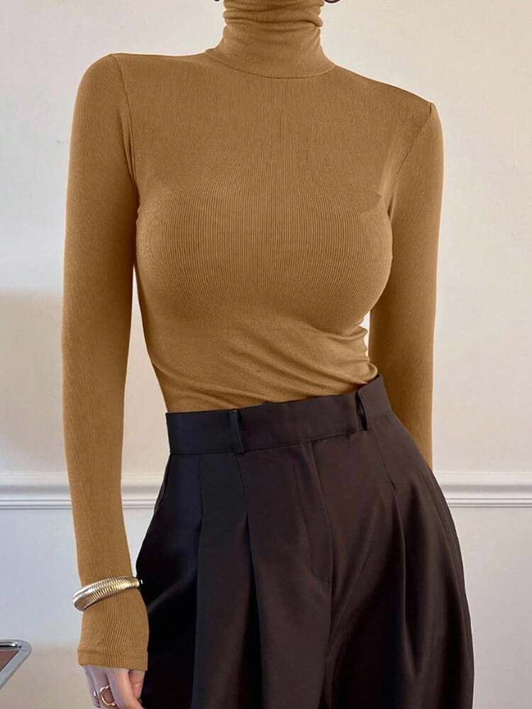 Women's Casual Everyday Commute Simple Solid Color Turtleneck Long Sleeve Fitted T-Shirt, Autumn/Winter