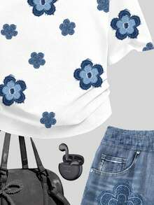 Bộ đồ gồm áo thun ngắn tay cổ tròn in họa tiết hoa cổ điển và quần short, thích hợp cho các bạn nữ tuổi teen mặc hàng ngày, mặc ở nhà, đi học, mùa xuân và mùa hè. - Nhiều màu - Xem 7