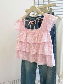 INAWLY 女士秋季新款可爱荷叶边下摆衬衫 - 粉色 - 查看 4