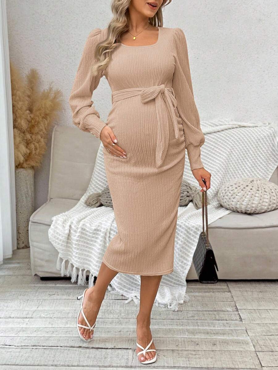 Cheriluna Maternity Maternity Knit Dress, Long Sleeve Solid Color Dress, Elastic Fabric, Autumn/Winter - Camel - View 1