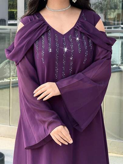 Al Najma 女士雪纺V领露肩喇叭袖水钻装饰连衣裙