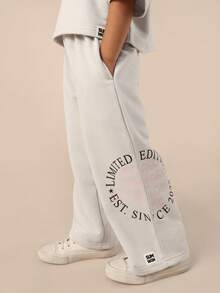 Conjunto de dos piezas de edición limitada SUMWON con estampado gráfico, camiseta de manga corta y pantalón de pierna ancha para uso casual, vacaciones - Gris - Ver 4