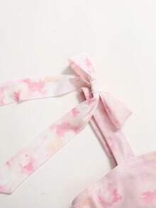 Girlism Tween Girls' Spring/Summer Knit Mesh Printed Ruched Waist Pink Tie-Dye Bowknot Strap Cropped Top Camisole - Pink - View 5