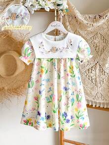 Souflis Souflis 女童春夏休闲可爱新款连衣裙，正面饰有可爱的刺绣兔子图案，白色梭织面料印有可爱的兔子数码印花，短泡泡袖，圆领设计，适合年轻女孩穿着，可爱活泼，优雅休闲时尚，适合日常穿着、上学、外出等场合，女童碎花图案连衣裙。动物图案女童连衣裙，复活节儿童连衣裙，春季音乐主题女童连衣裙，优雅派对连衣裙。夏季服装。优雅派对连衣裙。夏季服装。 - 黃色 - 查看 3