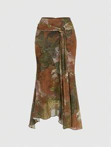 ROMWE Hippie Chân váy chữ A nữ phong cách vintage boho chic với vạt bất đối xứng in họa tiết paisley. - màu nâu - Xem 1