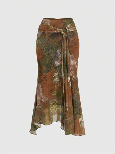 ROMWE Hippie Falda A-Line con estampado de paisley y bajo asimétrico, estilo vintage bohemio chic para mujer