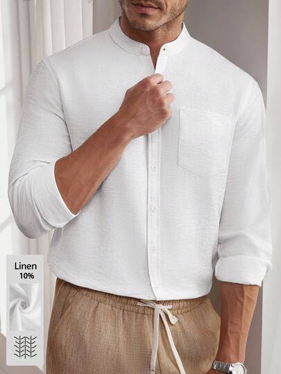 Core Aspect Men's Casual Comfortable Versatile Business Casual Shirt,Men's Pure White Linen Stand-Up Collar Shirt, Minimalist Urban Casual Daily Commuting Men's Linen White Stand-Up Collar Shirt