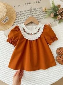 SHEIN LMoss Kids 女童法式优雅花卉刺绣撞色泡泡袖衬衫 - 彩色 - 查看 1