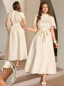 Roveilla 大码女式纯色立领/中立领/披肩领水钻条纹腰部A字短袖两用长连衣裙，杏色，优雅法式复古正式办公通勤休闲度假下午茶街头风简约百搭复古澳式休闲聚会情人节约会春夏新款 - 杏色 - 查看 10