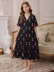 SHEIN Tween Girl Loose Casual Collared Heart Print Short Sleeve Ruffle Hem Loungewear - Multicolor - View 6