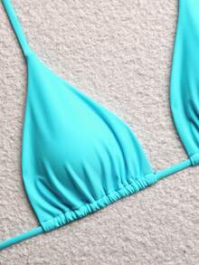 Bonvoyette Bộ bikini gợi cảm mùa hè dành cho nữ, màu trơn, kiểu cổ yếm xếp ly, kèm áo khoác ngoài. - Màu xanh nhạt - Xem 5