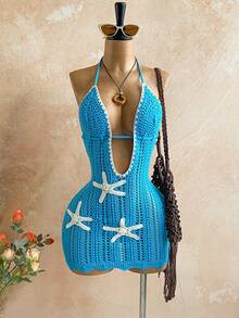 Soleia Đầm mini dệt kim cổ chữ V ôm sát màu xanh dương, họa tiết sao biển, kiểu yếm, thắt nơ, thích hợp cho kỳ nghỉ lãng mạn, kỳ nghỉ gợi cảm của nữ. Thích hợp cho các dịp thường ngày, hẹn hò, trà chiều, đi biển, du thuyền, du lịch đường bộ, lễ hội âm nhạc, tiệc tùng, phong cách Boho, Hippie, miền Tây. Có thể mặc trong nhà hoặc ngoài trời, phù hợp cho mọi mùa. - Màu xanh nhạt - Xem 1