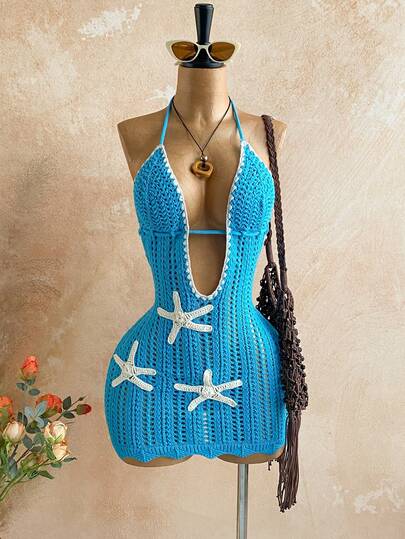 Soleia Women's Vacation Romantic Vacation Sexy Vacation Blue V-Neck Fitted Starfish Decor Halter Bow Tie Knit Mini Dress, Casual, Date, Afternoon Tea, Beach, Cruise, Road Trip, Music Festival, Party, Boho, Music Festival, Hippie, Western, Can Be Worn Inside Or Outside, Suitable For All Seasons Starfish Dress Crochet Cover Up Dress Crochet Swimsuit Women Starfish Bathing Suit Blue Beach Dress