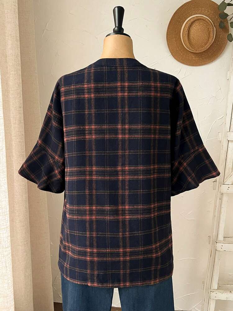 Plus Size Women Plaid Flare Sleeve V-Neck Casual Shirt,Vacation/Summer/Spring