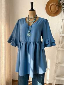 Rusticease Plus Size Women V-Neck Ruffle Short Sleeve Loose Blouse,Vacation/Summer/Spring Country Style For Women Summer Holiday Spring Break Dusty Blue Women - Blue - View 6