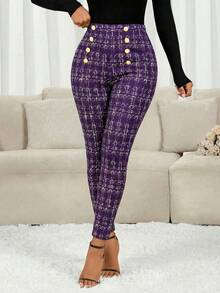 SHEIN Lady Women's Plaid Metal Button Design Skinny Elegant Leggings - Mauve Purple - View 3
