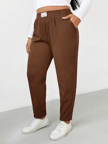 Shapeblank Plus-Size Women's Autumn/Winter Fashion Casual Comfortable Everyday Slimming Textured Fabric Black Elastic Waist Tapered Pants,Fall Outfits,Women Bottom,Simple Style,Curve Pants,Work Pants - Brown - View 4