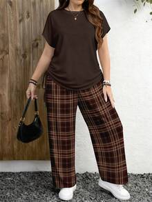 EMERY ROSE Conjunto casual minimalista de 2 piezas con estampado de cuadros retro y estampado de leopardo, adecuado para festivales de música - Multicolor - Ver 4