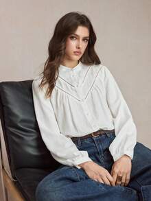 BizChic 2026 Spring/Summer New White Textured Crinkle Fabric Lace Trim Ribbon Patchwork Front Button Closure Ladies Blouse - White - View 5