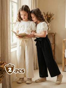 SHEIN Vintaside Kids 2条装少女休闲日常通勤简约纯色纹理面料纸袋腰带宽松阔腿裤 - 白色 - 查看 5