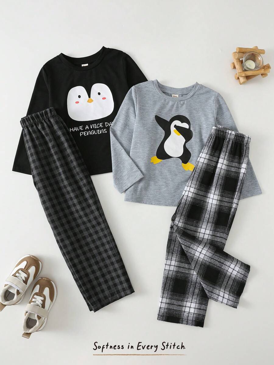 Cozy Pixies 4pcs/Set Young Boy Cartoon Penguin Pattern Knit Soft Crew Neck Long Sleeve Pullover Top & Plaid Pants Kids Loungewear Cute Pjs For Kids Kids Sleepwear Boy Pajama Sets Kids Clothes Set - Multicolor - View 1
