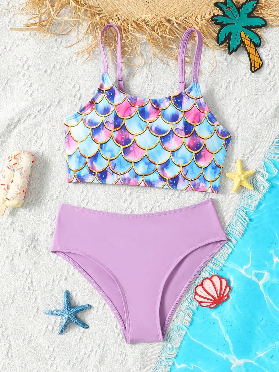 Tween Girls Purple Bikini Sets, Conservative Swimsuit Sets, Mermaid Swimsuits, Fish Scale Pattern Swimsuit Sets, Cute Swimsuit Sets, Camisole Swimsuits, Suitable For Vacation, Beach, Seaside
